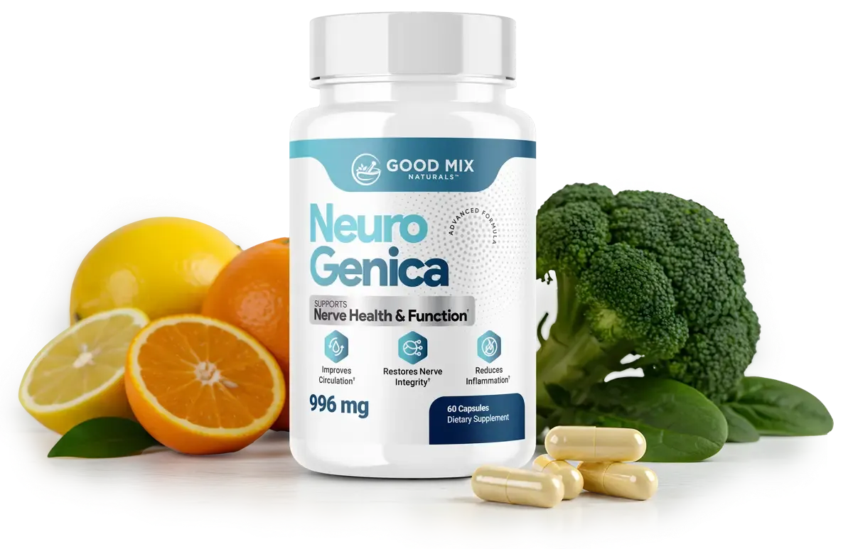 NeuroGenica bottle surrounded by its key ingredients